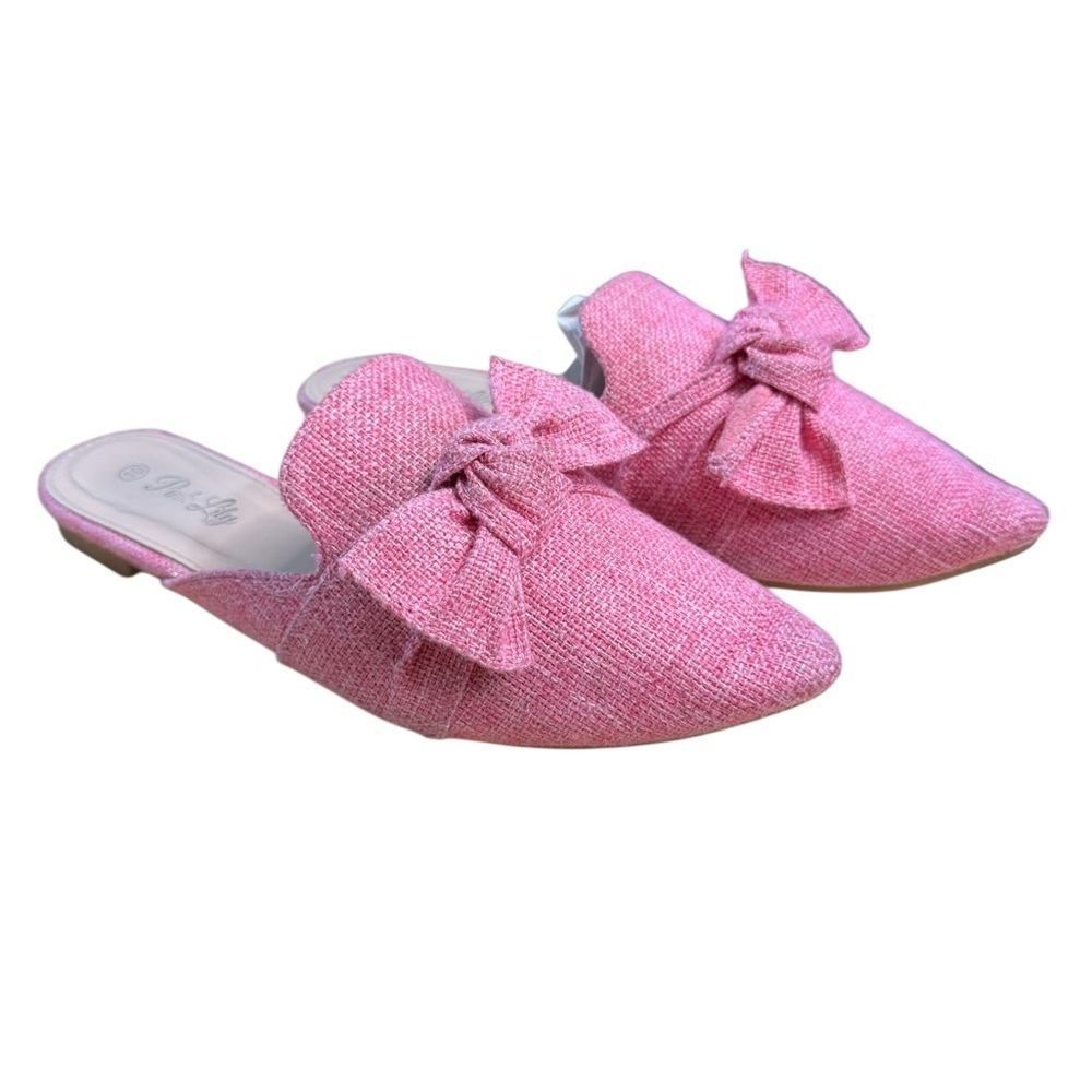 Pink Lily Pink Bow Pointed Toe Mules Tweed Size 10